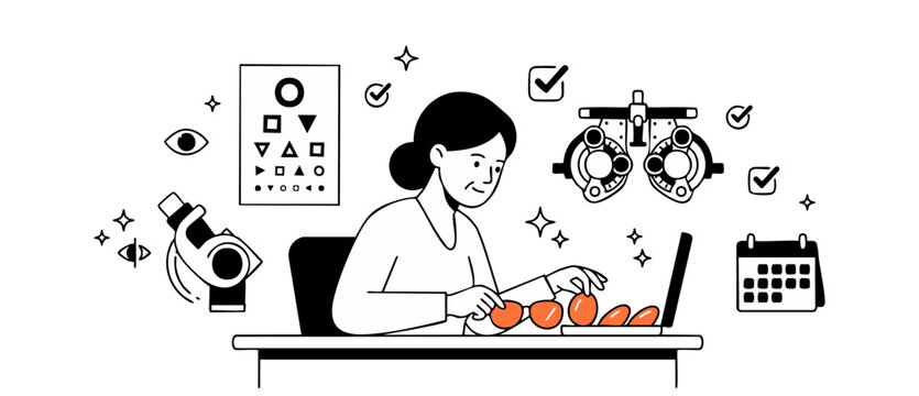 Optometrist eye exam doctor illustration performing vision test with eye chart phoropter and contact lenses in clinic setting line art vector graphic design for medical healthcare vision care banner