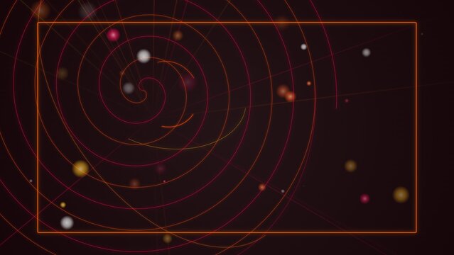 Spiral pattern radiates from a central point on a deep maroon background while scattered light orbs and a rectangular frame create a structured artistic composition for modern digital presentation.