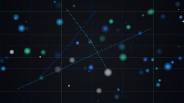 Abstract background features glowing blue and green spheres floating across a dark grid surface while thin light lines intersect to create a sense of depth and complex digital network connectivity.
