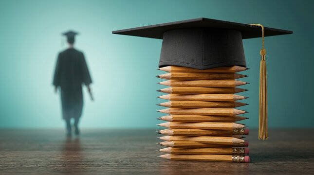 Graduation cap rests atop stack of sharpened wooden pencils while silhouette of student walking away into distance symbolizes academic growth future opportunities.