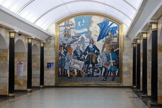 SAINT PETERSBURG, RUSSIA - AUGUST 03, 2026: Mosaic "Foundation of the Admiralty in 1704" in the Admiralteyskaya metro station. St. Petersburg