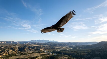 Naklejka premium Turkey vulture soaring high above a vast desert landscape under a clear blue sky perfect for turkey vulture day