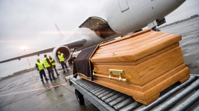 Wooden Coffin Being Loaded onto Cargo Airplane for Repatriation on Airport Runway