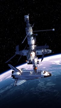 3D animation of a reusable spacecraft docked to an orbital space station above Earth. Cinematic view of space transportation, advanced technology and exploration in low Earth orbit.