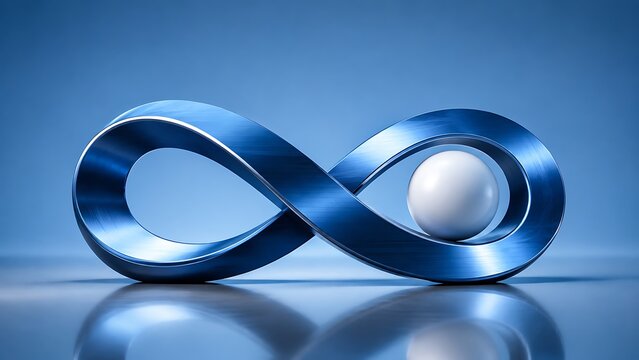 Metallic infinity symbol with a white sphere a 3d rendering on a reflective surface figure eight lemniscate endless loop eternity
