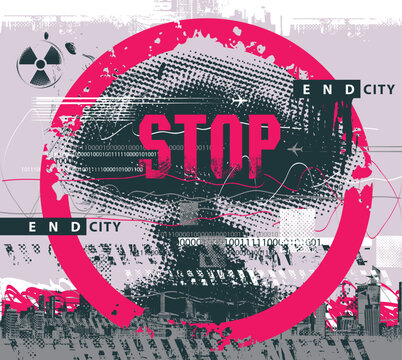 Stop war. Vector pixel nuclear explosion mushroom cloud with halftone effect on grunge background. Suitable for anti-war posters dedicated to nuclear war and environmental pollution. Urban, graffiti
