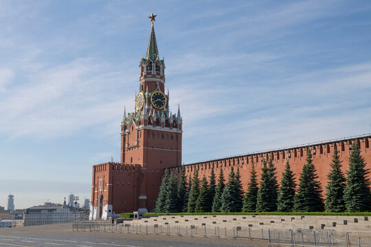 View of the Spasskaya Tower of the Moscow Kremlin on a July morning. Moscow, Russia