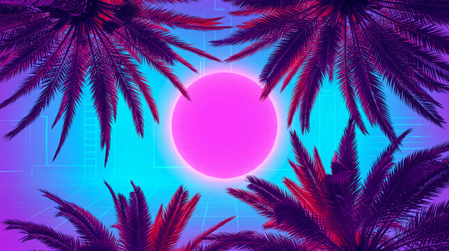 A vibrant retro-futuristic scene featuring palm trees against a neon grid and a glowing pink sun.
