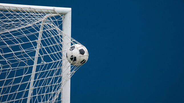 Soccer Ball Hitting the Back of Net Goal Concept with Copy Space
