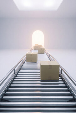 Cardboard boxes moving along a roller conveyor toward a bright archway