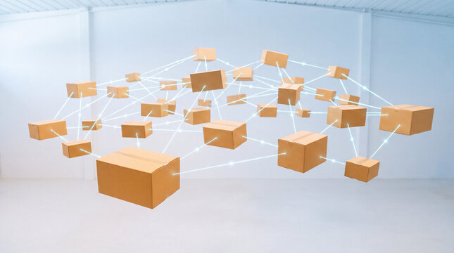 Dozens of cardboard boxes suspended and connected by a glowing network