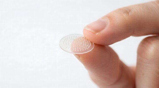 Close up of fingers holding transparent microneedle skincare patch