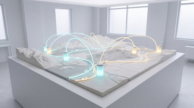 White terrain model displaying glowing global shipping routes between cities