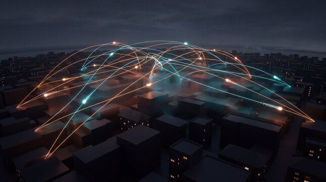 Aerial night view of a city with glowing delivery routes arcing overhead