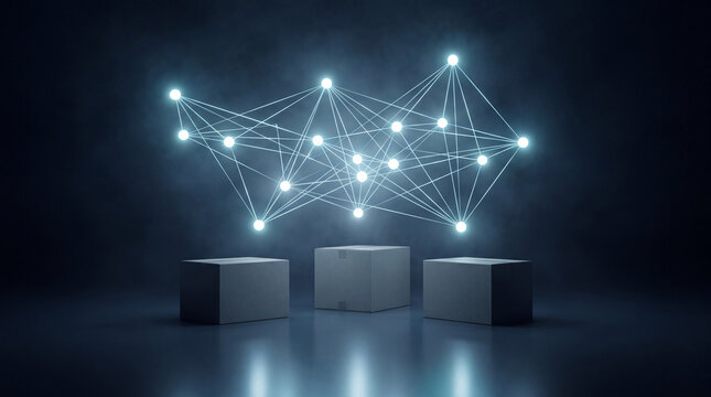 Three cardboard boxes connected by a glowing network of data lines
