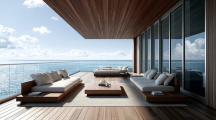 Fototapeta premium Modern outdoor patio design with wooden furniture and panoramic ocean view under a stylish roof, ideal for relaxation and luxury living spaces