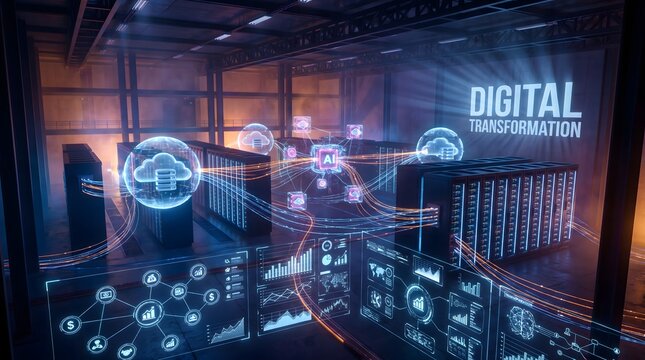 Futuristic Digital Technology Visualization. Modern Data Network Display With Glowing Holographic Elements, Representing Digital Transformation And...