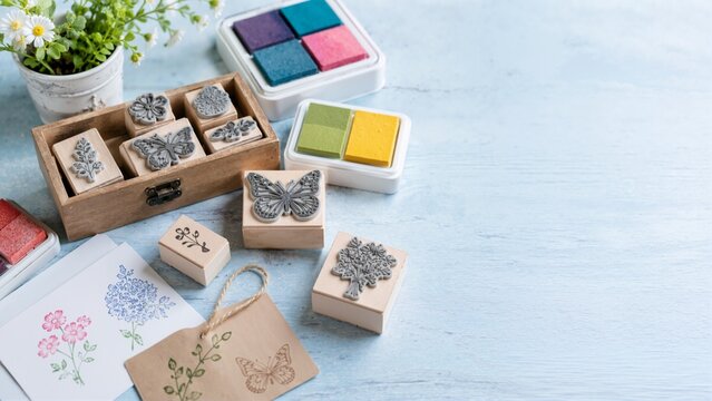 Wooden rubber stamps and colorful ink pads on a table. Handmade greeting cards with floral and butterfly designs. Scrapbooking craft concept