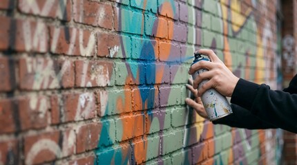 Naklejka premium Hand holding a spray paint can creating graffiti art on a brick wall. Close-up of street artist spraying blue paint. Creative urban hobby and outdoor self-expression