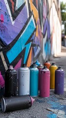 Naklejka premium Colorful spray paint cans lined up on the ground next to a graffiti wall. Aerosol cans for street art and creative hobbies. Vertical composition