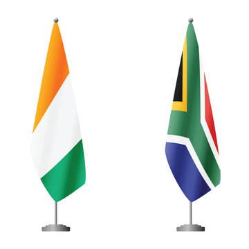 Ivory Coast and South Africa flags on flagpoles for official ceremonies and meetings, transparent background vector