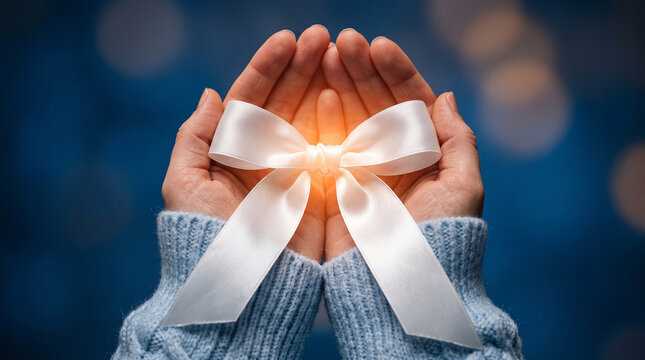 Hands in cozy blue sweater gently holding glowing white ribbon bow against soft bokeh background symbolizing care gift giving hope and emotional warmth in winter  generative ai