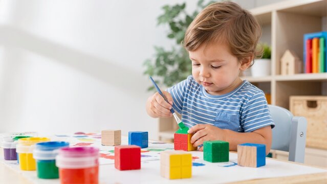 Toddler boy painting wooden blocks with a paintbrush. Young child playing with colorful paints and toy cubes at a table. Early childhood development and creative play concept