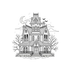 Naklejka premium Hand Drawn Victorian Haunted Mansion with Moon and Bats Line Art Illustration
