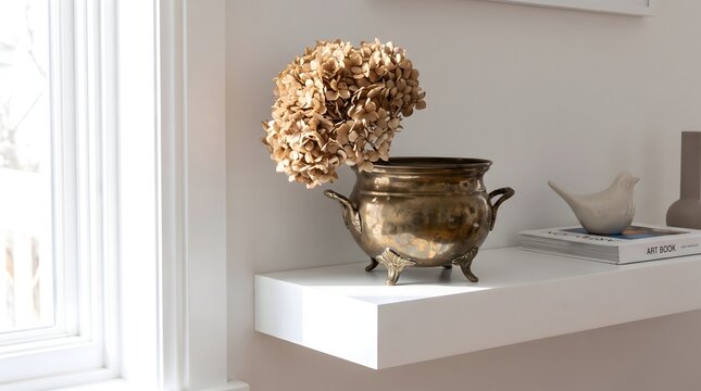 Elegant Floral Arrangement In A Rustic Vase. Decorative Home Decor With Dried Flowers.