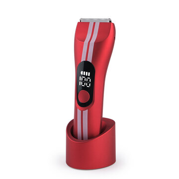 A high-quality product photography of a sleek red electric beard trimmer and hair clipper resting on its charging stand, shot on a clean white background.