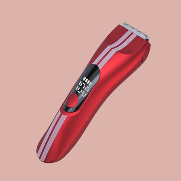 Studio product shot of a sleek red cordless electric trimmer and hair clipper. Minimalist composition isolated on a clean white background with soft shadow.