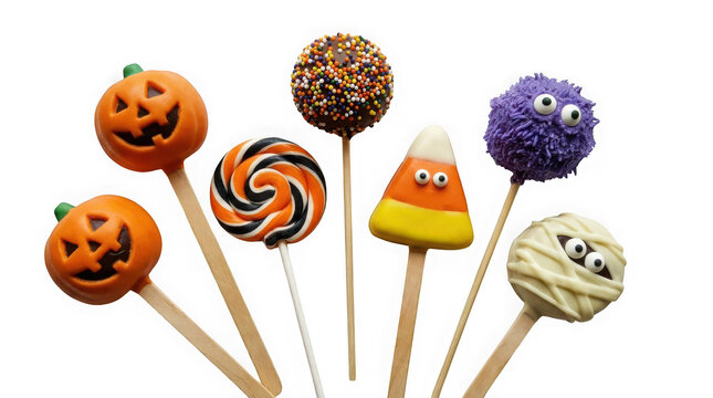 Set of halloween themed cake pops including pumpkins, candy corn, mummy, and a purple monster isolated on transparent background