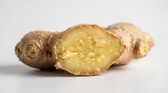 Fresh ginger root cut in half isolated on white background