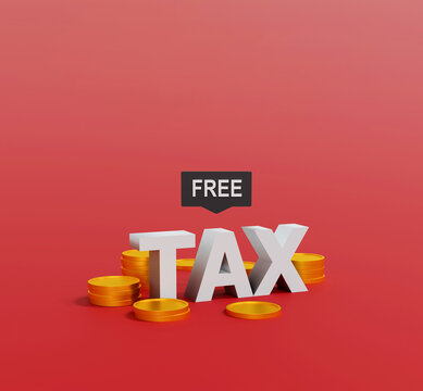 Tax Free Concept with Gold Coins and 3D Text on Red Background
