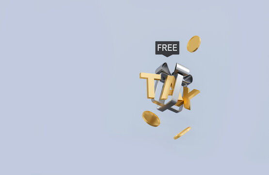 Tax Free Gift Box with Gold Coins Floating on Minimal Gray Background 3D Illustration