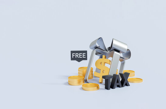 Tax Free Gift Box with Gold Coins on Minimal Gray Background 3D Illustration