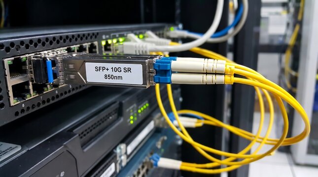 SFP+ 10G SR fiber optic transceiver module in network switch, high speed data center connectivity, yellow optical cables plugged into server rack