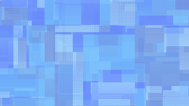 Abstract blue geometric loop background with grid of shifting dots and transparent overlapping elements in motion