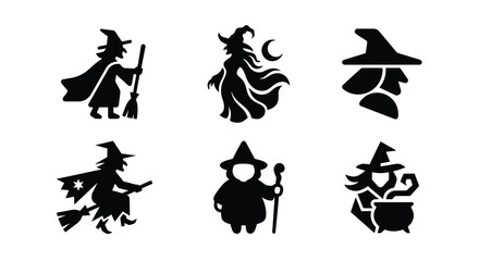 Collection of witch silhouettes with broomsticks hats and cauldrons against a white background silhouette witches sorceress wizard magic © Aklima