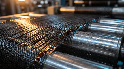Fototapeta premium Carbon fiber composite material manufacturing process with black fabric weave moving through industrial rollers heavy duty mechanical engineering production factory.