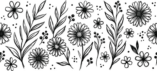 Seamless horizontal floral border illustration featuring hand drawn wildflowers daisies leaves and berries for coloring page design vectors © MDNAIMUR