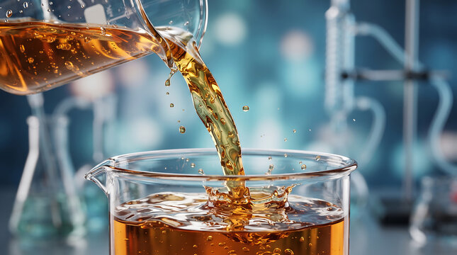 Golden yellow liquid pouring into a glass beaker creating detailed splash and bubbles in a laboratory with laboratory chemistry experiment research analysis chemical