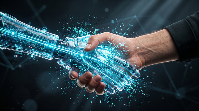 Human hand shaking robotic hand glowing with blue digital light particles symbolizing technology innovation artificial intelligence and future human machine collaboration  generative ai