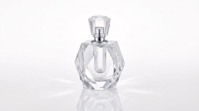 Flacon de parfum en verre transparent sur un fond blanc &eacute;clatant.