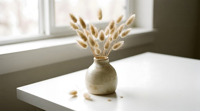 Elegant Dried Flower Arrangement In A Ceramic Vase. Minimalist Home Decor With Natural Elements.
