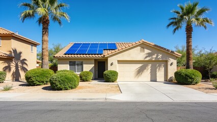 Fototapeta premium Modern suburban home with solar panels and palm trees under clear desert sky