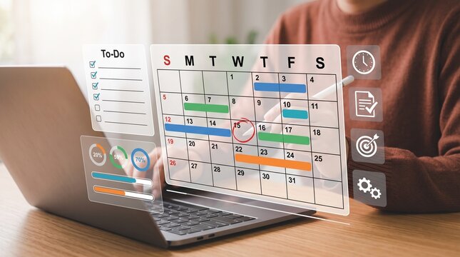 Person Working on Laptop with Digital Calendar and Project Management Interface