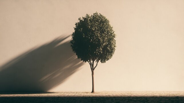 A solitary tree casting a long shadow on a smooth wall during golden hour, highlighting the beauty of nature and light in minimalist surroundings