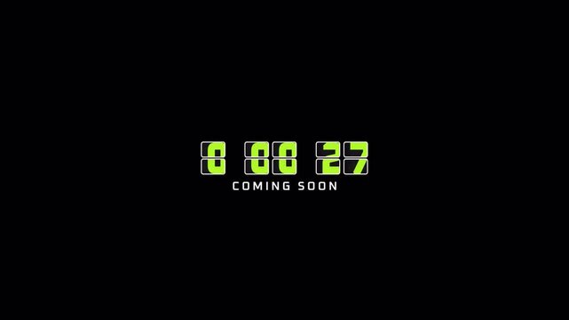 Digital countdown timer with green numbers on black background showing coming soon.