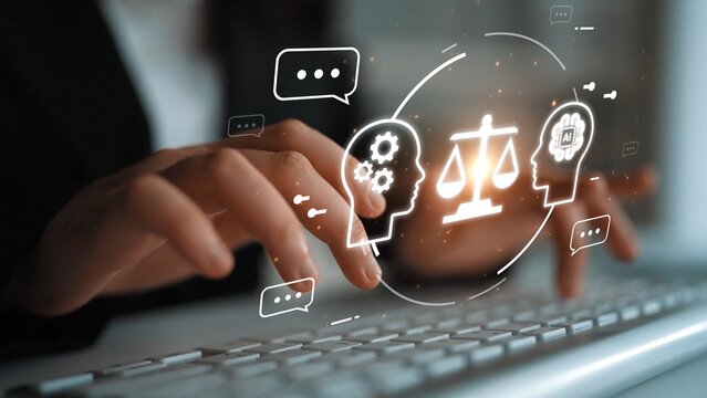 Hands Typing on a Keyboard with Digital Law Symbols Depicting Justice, Balance, and Thought in a Modern Business Environment Gluon.